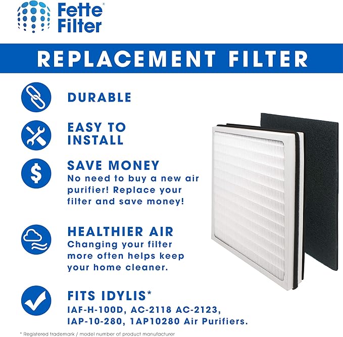 Fette Filter - 2 HEPA Filter & 2Carbon Filter Compatible with Idylis Air Purifiers Type D. For Models IAF-H-100D, AC-2118 AC-2123, IAP-10-280, 1AP10280.