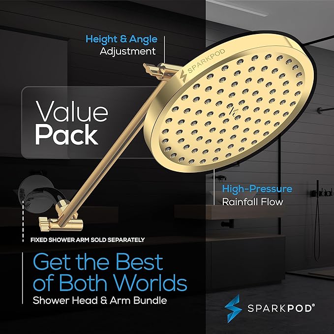 SparkPod Round Rain Shower Head with Extension Arm - Height Adjustable Shower Head with High Pressure Performance - Easy 1-Minute Installation (16" Arm Extension, Egyptian Gold)