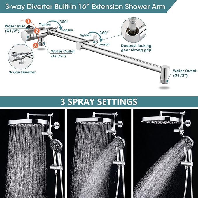 14" x 8" Rectangle High Pressure Rainfall Shower Head with Handheld Combo, 6 Setting Handheld Shower Head, Adjustable Height Shower Extension Arm and Slide Bar for Easy Reach - Chrome