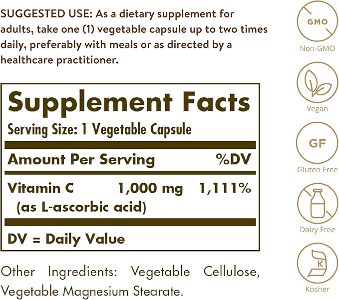 Solgar Vitamin C 1000 mg, 250 Vegetable Capsules - Antioxidant & Immune Support - Overall Health - Healthy Skin & Joints - Bioflavonoids Supplement - Non GMO, Vegan, Gluten No, Kosher - 250 Servings