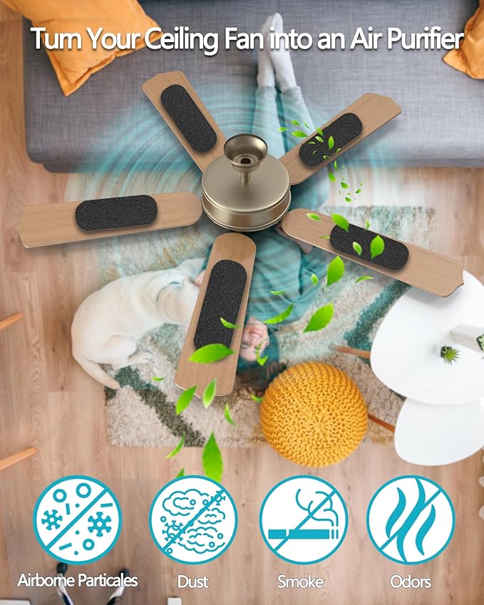 JUIN Ceiling Fan Filters for Blades: 5PCS Activated Coconut Shell Carbon Filters Universal Unscented Ceiling Fan Air Purifiers Easy-Stick Ceiling Fan Air Filters for Common Household Contaminants