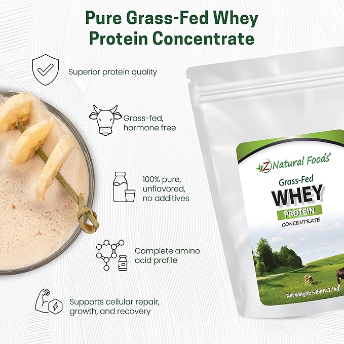 Z Natural Foods Grass-Fed Whey Protein Concentrate - Clean Whey Protein Powder from New Zealand - Cold Processed Pure Whey Protein with Essential Amino Acids for Nutrition & Fitness, Unflavored, 5 lbs