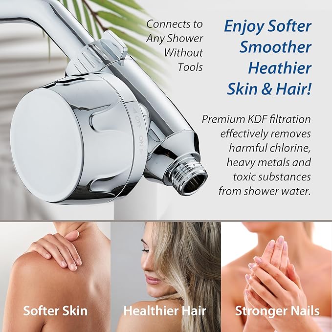 AquaCare Skin & Hair - World's Most Advanced Shower Filter for Fixed or Handheld Shower Heads with ON/OFF Filtration Modes, Instant Cartridge Reload & Stay-Clean Enriched KDF Cartridge/Chrome Finish