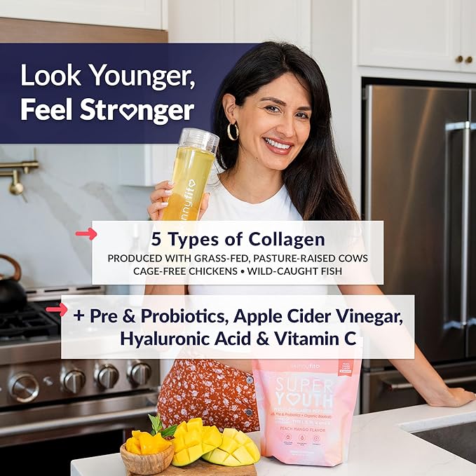 SkinnyFit - Super Youth Collagen for Women - Multi Collagen Peptides Powder - Probiotics, Fiber, Hyaluronic Acid - Non GMO, Gluten Free, Sugar Free - Beauty & Self Care - Peach Mango (28 Servings)