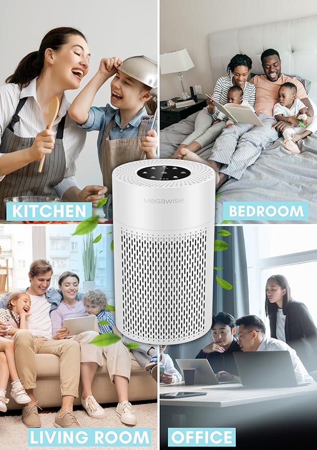 MegaWise Air Purifier EPI-235A (2024) - HEPA Filter, 3-Stage Filtration, Ultra-Quiet Operation, Adjustable Fan Speed, and Night Light (White)