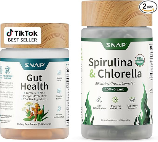 Snap Supplements Gut Health & Spirulina Chlorella Bundle – Turmeric, Aloe, Pylopass Probiotics & Alkalizing Greens Complex – Digestive, Detox & Antioxidant Support – 50 + 120 Capsules