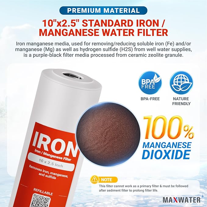Max Water 10" 1-Stage Iron/Manganese Whole House Water Filter System, Clear Filter Housing, Reduces Dissolved Irons in Water Supply - Good for Whole House/Cottage Water