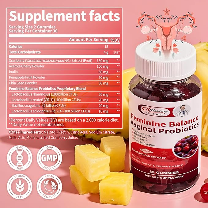 Premium Feminine Balance Gummies for Women’s – Pineapple Gummies for Women PH & Odor Support with Cranberry, Probiotics– Vegan, Gluten-Free – Immune & Intimate Health Supplement – 60 Gummies