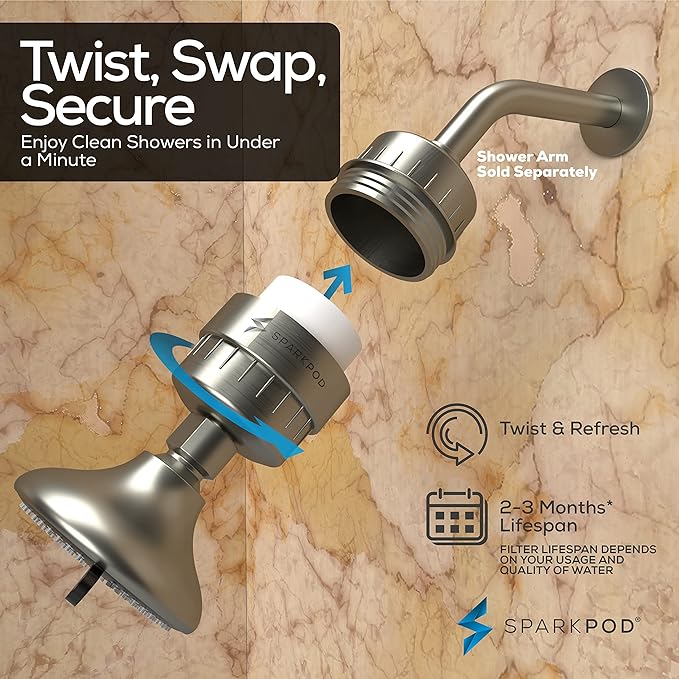 SparkPod 23-Stage Filtered Shower Head with 3 Spray Settings - High Pressure Shower Head with Filters for Dry Hair and Skin - Showerhead with Filter Reduces Chlorine & Heavy Metals (Brushed Nickel)