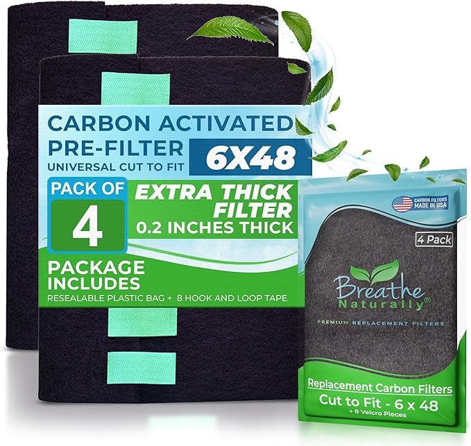 Breathe Naturally Universal 6x48 Cut-to-Fit Activated Carbon Filter (4 Pack) Charcoal Air Filter Sheet for Air Purifiers