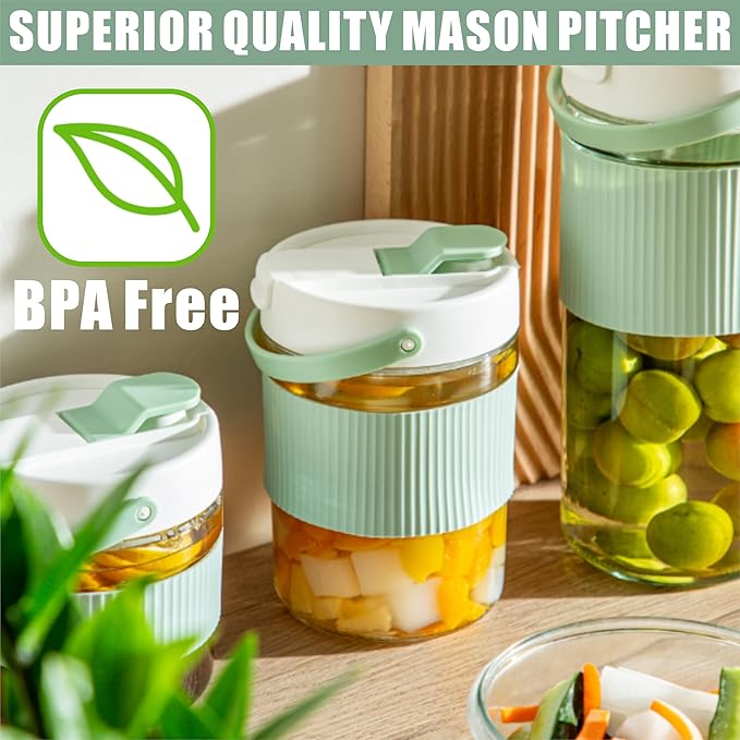 2-Pack Glass Mason Jar Water Pitcher with Lids, 67FL OZ (2000ML) - Large Wide Mouth, Pour Spout & Handle for Cold Brew Tea, Iced Coffee & Cold Drinks - Ideal for Refrigerators & Kitchens containers