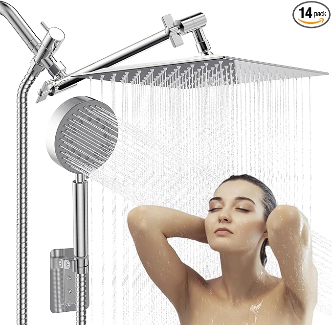 Shower Head with Handheld Combo 10" Chrome High Pressure Rain Shower Head 11" Adjustable Extension Arm and 5 Settings Adjustable SUS 304 Handheld Showers with 59" Hose, 2-in-1 Shower Holder