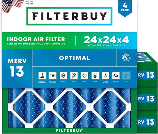 Filterbuy 24x24x4 Air Filter MERV 13 (MPR 1900) Health Defense Replacement (4-Pack), Electrostatic Pleated HVAC AC Furnace Filters, Made in USA (Actual Size: 23.38 x 23.38 x 3.63)