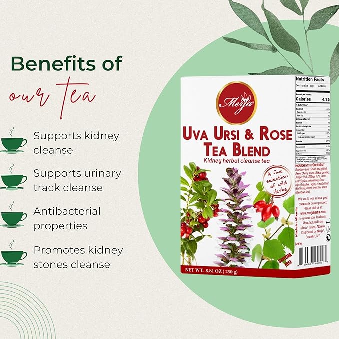 Merja Herbs Uva Ursi & Rose Tea - Kidney Support & Cleanse - Mediterranean Loose Tea - Caffeine Free - 100% Natural & Premium Quality 250gr 8.82 oz