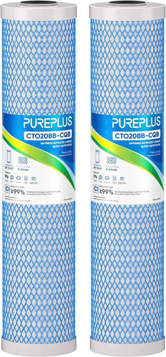 PUREPLUS 5 Micron 20" x 4.5" Whole House Activated Carbon Water Filter, Enhanced Lead Removal Carbon Replacement Cartridge, Compatible with FC25B, EPM-20BB, CB-BB-20, 155783-43, CTO20BB-CQB, 2 PACK