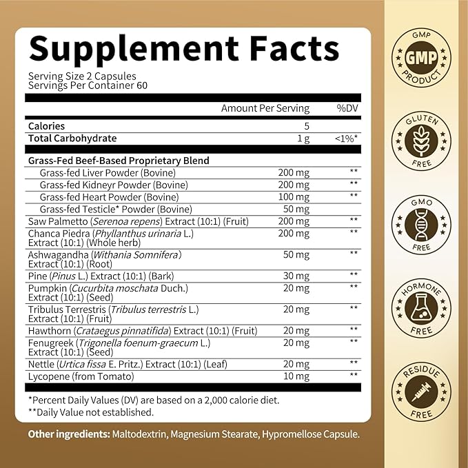 Beef Organ Supplement for Men, 14-in-1 Complex - Beef Liver, Kidney, Heart, Saw Palmetto, Chanca Piedra, Supports Prostate Health, Overall Wellness - Grass Fed & Pasture Raised - 120 Capsules