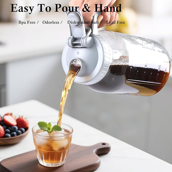 Glass Mason Jar Pitcher With Lid 64 Oz Wide Mouth Sun Tea Jar Half Gallon Cold Hot Water Pitcher 2 Quart Brew Coffee Jug Carafe For Fridge,Lemonade, Beverage,Milk,Juice Container 2 Set