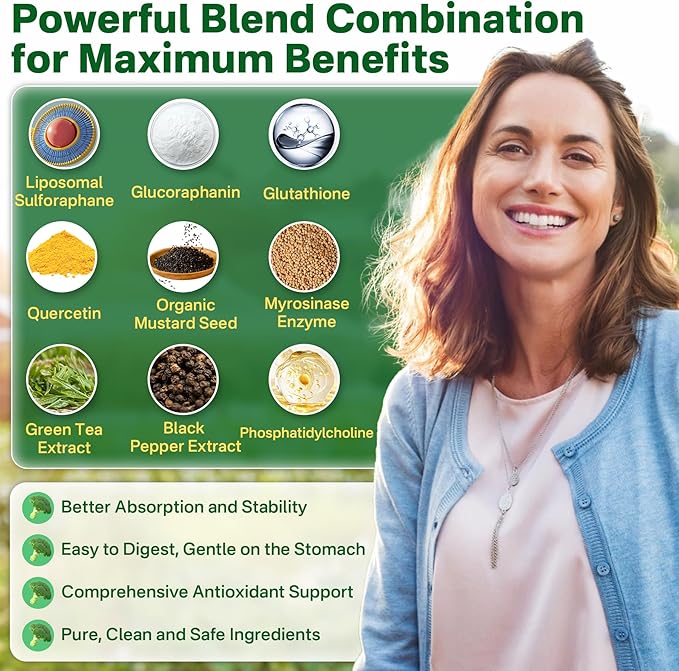 Liposomal Sulforaphane Supplement 150mg, from Broccoli Sprout Extract w/Myrosinase, Quercetin, Glutathione, Broccoli Supplement Gummies for Antioxidants Detox Cellular Brain Health, Chewable 60 Cts