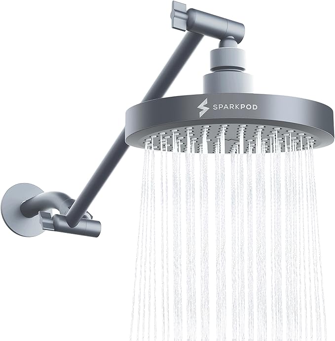 SparkPod Round Rain Shower Head with Extension Arm - Height Adjustable Shower Head with High Pressure Performance - Easy 1-Minute Installation (11" Arm Extension, Titanium Charcoal Grey)