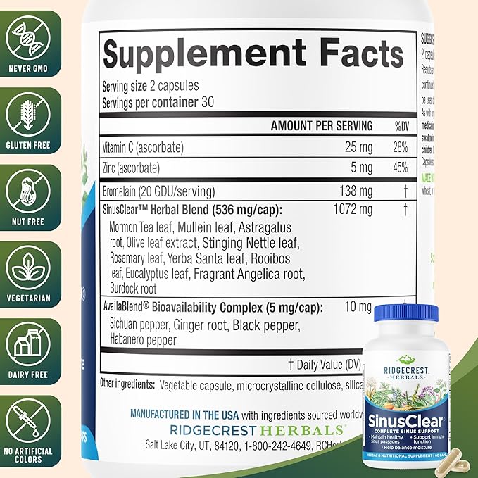 RidgeCrest Herbals SinusClear, Complete Formula for Sinus and Nasal Health with Mullein Leaf, Bromelain, Vitamin C, and Zinc, for Healthy Mucus, Immune & Respiratory Support, (60 Veg Caps, 30 Serv)