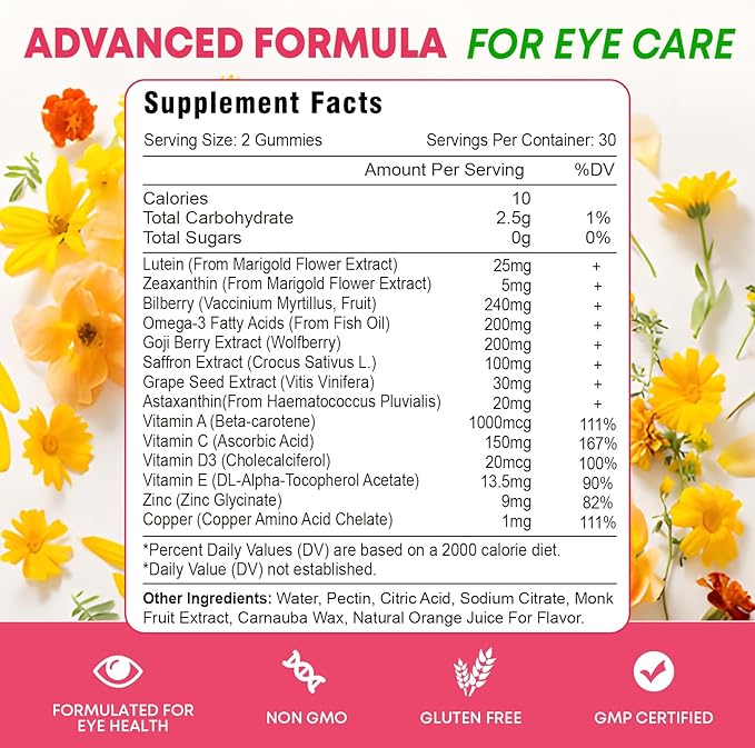 Lutein and Zeaxanthin Supplements Gummies, Advanced Eye Vitamin Supplement with Bilberry, Saffron, Grape Seed, Omega 3 for Macular Health, Dry Eye, Visual Function - Orange Flavor, 60 Count