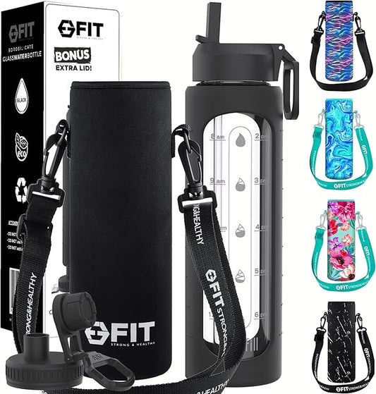 FIT Strong & Healthy 32 oz Glass Water Bottle with Straw Lid, Time Marker, Sleeve & Extra Lid - Motivational, Wide Mouth 1 Liter Glass Drinking Bottle