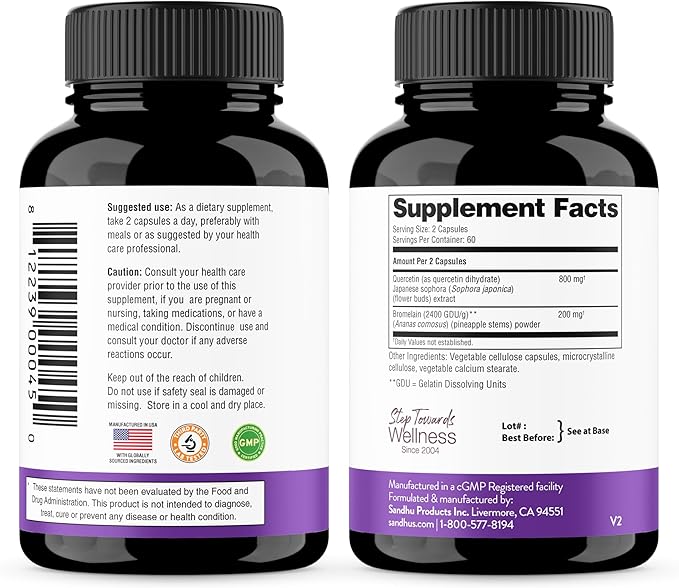 Sandhu's Quercetin with Bromelain Vegetarian Capsules Supplements 120 Count (Pack of 2) | Bioflavonoids for Immune Support & Respiratory Health, Seasonal Allergy Support | Quercitin for Men and Women