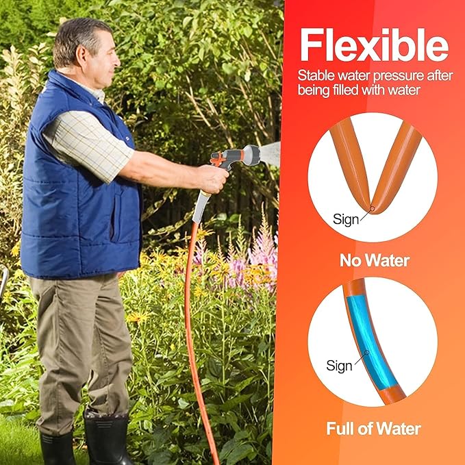 Garden Water Hose 10 ft x 5/8 in, Heavy Duty Leader Pipe Extension, Flexible, Lightweight Kink-less,Hybrid Rubber, with 3/4" Brass Fittings, Orange