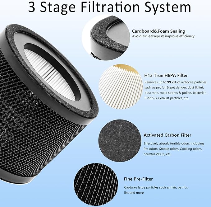 TT-AP001 True HEPA Filter Replacement, Compatible with TaoTronics TT-AP001 and and VAVA VA-EE014 Air Purifier, H13 True HEPA Filter & Activated Carbon Filter, 2 Pack