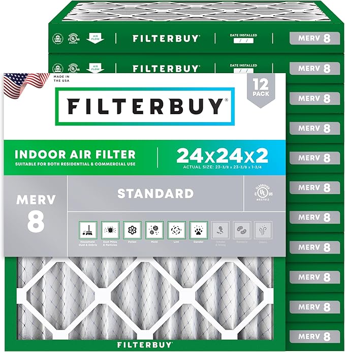 Filterbuy 24x24x2 Air Filter MERV 8 (MPR 700) Dust Defense Replacement (12-Pack), Electrostatic Pleated HVAC AC Furnace Filters, Made in USA (Actual Size: 23.38 x 23.38 x 1.75)