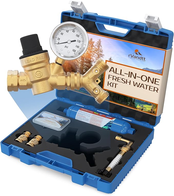 RV Fresh Water Kit - RV Water Pressure Regulator, Inline Water Filter, Hose Splitter, Brass Elbow, Flexible Connector, Hose Quick Connects, Leak Repair Kit, and Carrying Case