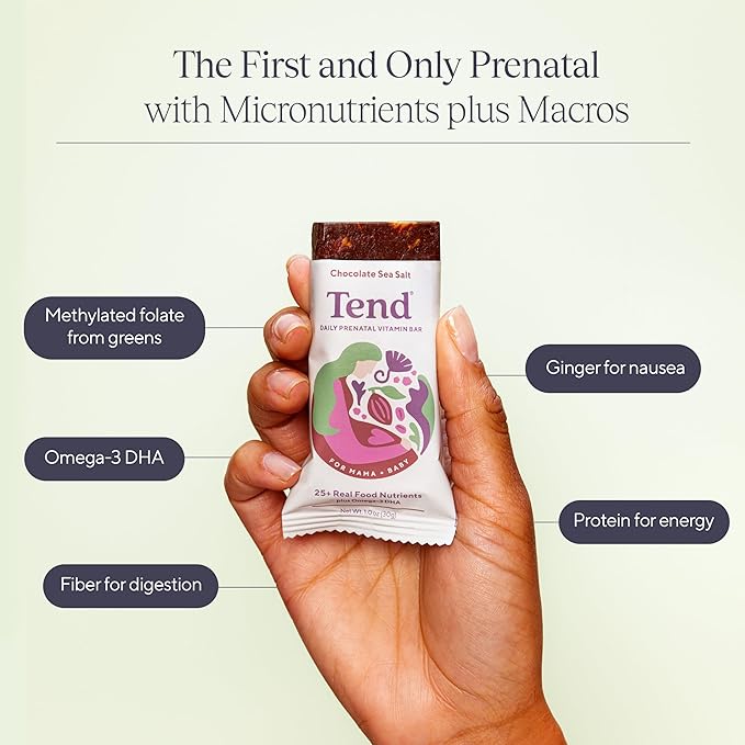 Tend Daily Best Prenatal Vitamin Bar, Made with Organic Ingredients for Pregnant & Postpartum Mothers, Includes DHA, Vitamin D, B, Choline, Folate - Chocolate Sea Salt (4ct)