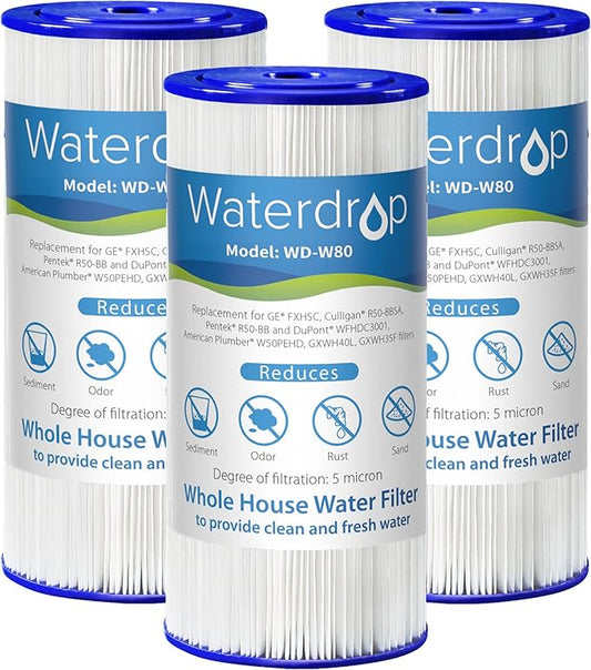 Waterdrop W50PEHD Whole House Water Filter, Replacement for American Plumber, W10-PR, Culligan® R50-BBSA, GE ®FXHSC, GXWH40L, GXWH35F, 5 Micron, 10" x 4.5", High Flow Sediment Filters, Pack of 3