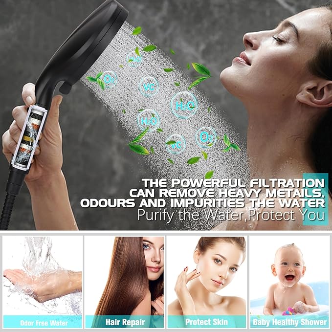 Shower Head 12'' High Pressure Rain Shower Head Combo, Filtered Handheld with 10 Water Spray, 3-Way Diverter Extension Arm Rainfall Showerhead, Adjustable Shower head with Anti-Clog Nozzles