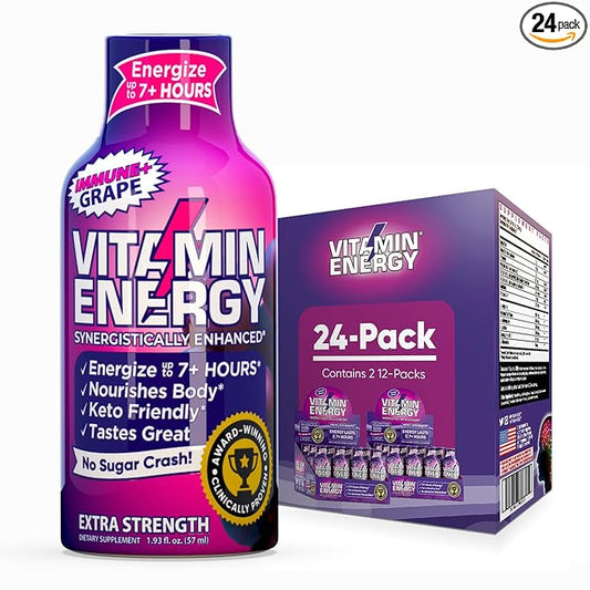 Vitamin Energy Immune+ Extra Strength Energy Shot Grape 24 Pack, 260mg Natural Caffeine, B-Vitamins, Citicoline, Green Tea, Immunity & Focus Support, Zero Sugar, Gluten-Free 1.93 fl oz