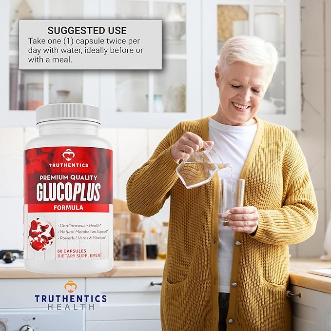 TRUTHENTICS GlucoPlus - 20 Herbs, Vitamins & Minerals with Cinnamon, Chromium, Vanadium, Bitter Melon, Alpha Lipoic Acid, Magnesium - Gluten Free, Non-GMO - 60 Capsules