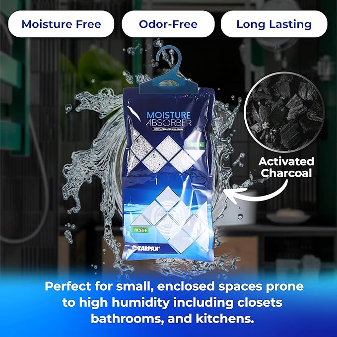 Hanging Moisture Absorber Activated Charcoal 10.6 oz/300g | Moisture Absorbing Bags for Bathroom, Closet & Kitchen | Removes Moisture, Humidity & Odors | Portable Dehumidifier | Set Of 20