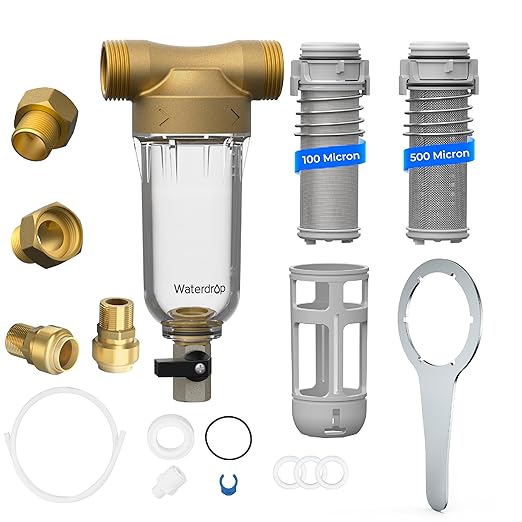 Waterdrop Spin Down Sediment Filter, Backwash Whole House Water Filter System for City/Well Water, 100 Micron+500 Micron, 1" MNPT + 3/4" FNPT + 3/4" MNPT, Traps Sand, BPA Free