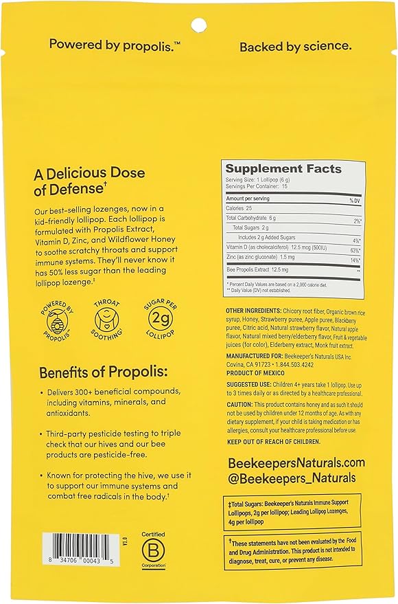 Kids Throat Soothing Lollipops by Beekeeper's Naturals - Doctor Formulated Immune Support, Vitamin D & Honey, Under 2g Sugar, Clean Ingredients,15 ct