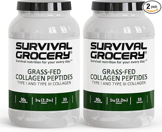 Survival Grocery® Collagen Peptides Powder – Grass Fed Hydrolyzed Collagen Protein Supplement, Types I & III, Unflavored, Gluten Free, Keto Friendly, Non-GMO, Dairy Free, 2kg, 2 Jugs