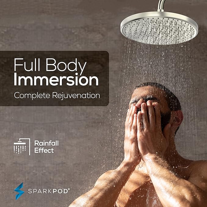 SparkPod 10 Inch Round Rain Shower Head - Ceiling or Wall Mount Rainfall Shower Head - Large Coverage Showerhead - Brass Ball Joint with 360° Adjustment - 1-Min Install (Elegant Brushed Nickel)