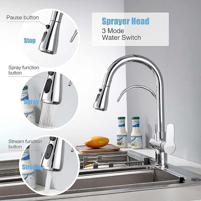 Kitchen Faucet with Pull Down Sprayer Modern 2 Handle Kitchen Faucets Drinking Water Faucet Reverse Osmosis Faucet for Kitchen Sink 3 in 1 High Arc Water Purifier Faucets Lead-Free Brass,Chrome