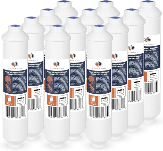 Aquaboon Inline Water Filter for Refrigerator 12-Pack of Inline Post/Carbon Polishing Water Filter Catridge for Reverse Osmosis System Standard Size (Jaco fitting)