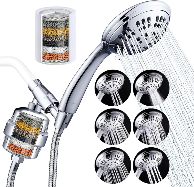 G-Promise Luxury Filtered Handheld Shower Head, 6 Spray Settings Shower Set with Effective Filter of 2 Cartridges, Adjustable Metal Bracket, Extra Long Stretchable Hose, Chrome (Chrome with Filter)