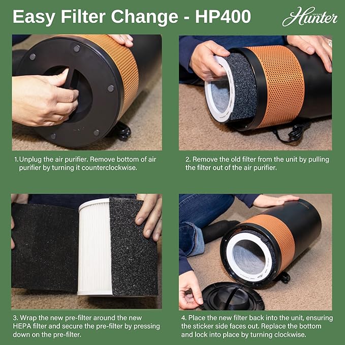 Hunter HP400 Round Air Purifiers for Home, True HEPA Air Purifier Tower for Pets, Odors, Allergens, Smoke, Dust, VOC's. HEPA Air Purifiers for Bedroom and Small Room. Sage and Silver