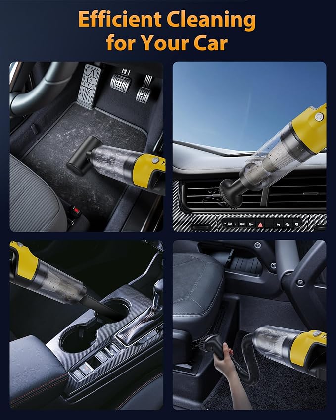 Handheld Vacuum Cordless 1.1 Pounds Car Vac 10000PA Hand Held Vacuums 4-in-1 Hand Vac Cordless Rechargeable HEPA Filter Large Capacity Dust Cup for Car Office Home Pets Hair (Lemon Yellow)