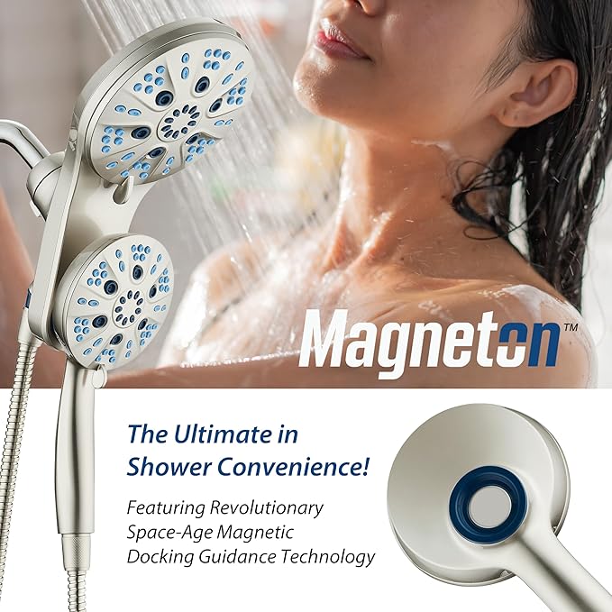 AquaCare Magneton High-Pressure 48-mode Luxury 3-way Combo System with Magnetic Guidance Docking, Giant Rain & Handheld Shower Head, Hygienic Jets and 6 ft. Stainless Steel Hose, Satin Nickel
