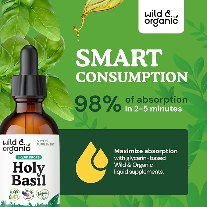 Wild & Organic Holy Basil Leaf Tincture - Relaxation, Calmness, Mood Support - Tulsi Holy Basil Supplement - Vegan, Sugar & Alcohol-Free Herb Extract Drops - 2 fl oz