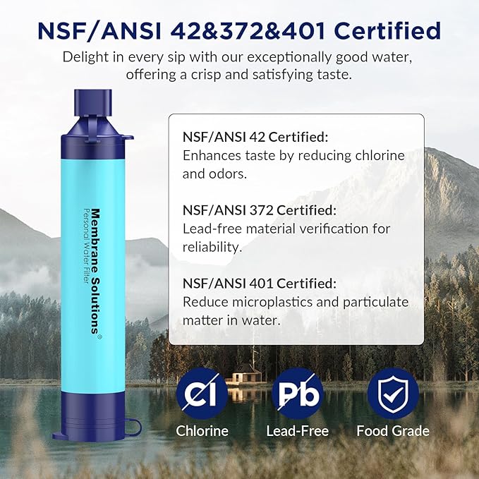 Membrane Solutions Straw Water Filter S1, NSF/ANSI 42&372&401 certificated, Survival Filtration Portable Gear, Emergency Preparedness, Supply for Drinking Hiking Camping Team Family Outing