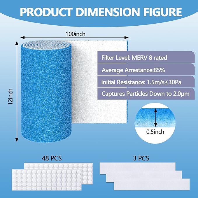 12" x 100" Air Vent Filters, with 48Pcs Adhesive Hook Tape, Cut to Size Air Filter Material HVAC Furnace Filters Kit MERV 8 Triple Vent Filter for Home Floor Register, Ceiling, Grilles
